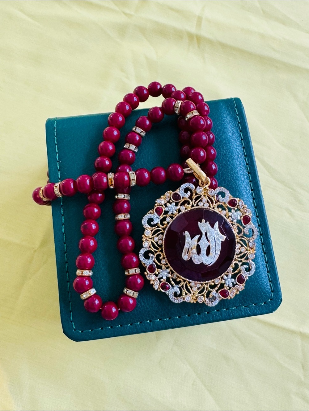 Gold-Tone Red Beaded Pendant Necklace with Arabic Calligraphy